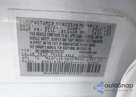 2025 Nissan Sentra S z USA, uszkodzony, nr VIN 3N1AB8BV4SY253727